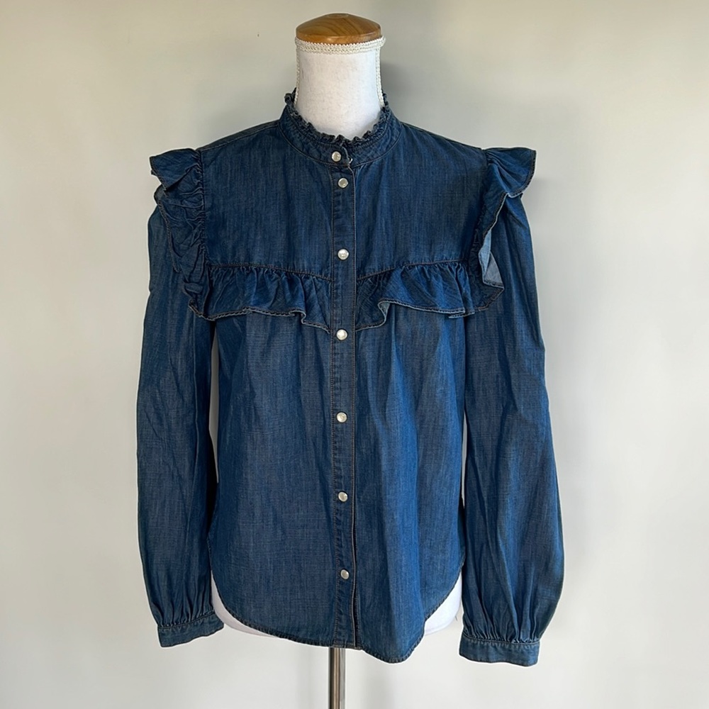 NWOT Veronica Beard Tes Ruffled Denim Button Down - sz 4